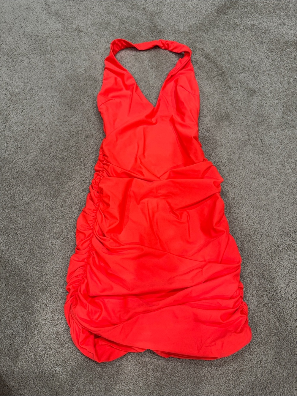 Bright Orange Halter Ruched Mini Dress